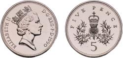 World Coins - Great Britain United Kingdom 1990 5 Pence - Elizabeth II (3rd portrait; small type) Copper-nickel (75% Cu, 25% Ni) Royal Mint (102606) 5.74g UNC  KM 937b Sp D4