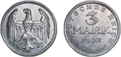 World Coins - Germany Weimar Republic 1922 A 3 Mark Aluminium (15496695) 2.02g UNC  KM 28 AKS 29 J 302 Schön 25