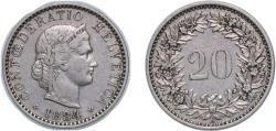 World Coins - Switzerland Federal State 1884 B 20 Rappen (Libertas; nickel) Nickel (magnetic) (4000000) 4.07g XF HMZ 2 1208 Divo/Tob19 311 KM 29 Schön 26 Y 25a