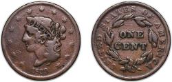 Us Coins - United States Federal republic 1839 1 Cent "Liberty Head / Matron Head Modified" (Type 2 Young Head) Copper United States Mint of Philadelphia (3128661) 10.94g VF KM 45.2