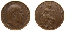 World Coins - Great Britain United Kingdom 1908 1 Farthing - Edward VII Bronze Royal Mint (Tower Hill) (4264900) 2.83g XF KM 792 Sp 3992
