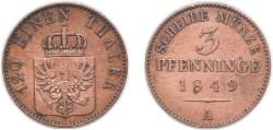 World Coins - Germany Kingdom of Prussia German states 1849 A 3 Pfenninge - Frederick William IV Copper Berlin Mint 4.5g XF KM 453 AKS 90 J 52 Neum 35 Schr 186-282