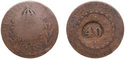 World Coins - Brazil Empire 1823 - 1831 40 Réis - Pedro I (Countermarked 80 Réis) Copper 27.6g VF KM 444