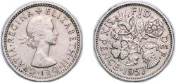World Coins - Great Britain Kingdom 1957 6 Pence - Elizabeth II (1st portrait; no 'BRITT:OMN') Copper-nickel (75% Cu, 25% Ni) Royal Mint (Tower Hill) (105654200) 2.77g XF KM 903 Sp 4149