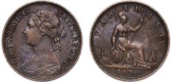 World Coins - Great Britain Kingdom 1874 H 1 Farthing - Victoria (2nd portrait; 2nd type) Bronze 2.8g XF  KM 753 Sp 3958/9