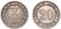 World Coins - Germany Germany - 1871-1948 1890 A 20 Pfennigs - Wilhelm II (type 2 - small shield) Copper-nickel (Cu 750, Ni 250) (2715702) 6.3g XF KM 13 AKS 10 J 14 Schön 14