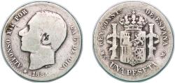 World Coins - Spain Kingdom 1884 MSM 1 Peseta - Alfonso XII (2nd portrait) Silver (.835) Madrid Mint (3336386) 4.63g F KM 686 Cal 56