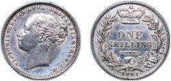 World Coins - Great Britain Kingdom 1881 1 Shilling - Victoria (1st portrait; 'Young Head') Silver (.925) Royal Mint (Tower Hill) (5255300) 5.66g AU KM 734 Sp 3902-7