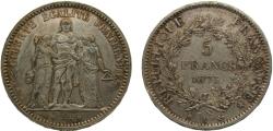 World Coins - France Third Republic 1873A 5 Francs "Hercule" Silver (.900) Paris Mint 25g AU F334 Gad744 KM820.1
