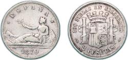 World Coins - Spain Provisional Government 1870 *18-70 SNM 2 Pesetas - Provisional Government Silver (.835) Madrid Mint (1503872) 9.73g VF KM 654