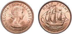 World Coins - Great Britain United Kingdom 1967 ½ Penny - Elizabeth II (1st portrait; without 'BRITT:OMN') Bronze Royal Mint (Tower Hill) (146490400) 5.67g UNC KM 896 Sp 4158
