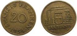 World Coins - Germany  Saar Protectorate 1954 20 Franken Aluminium-bronze (Al 85, Cu 15) Paris mint 4g AU KM2 J802 Schön2