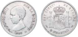 World Coins - Spain Kingdom 1890 *18-90 MPM 5 Pesetas - Alfonso XIII (1st portrait) Silver (.900) Madrid Mint (4275258) 24.87g XF  KM 689