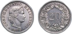 World Coins - Switzerland Federal State 1909 B 20 Rappen (Libertas; nickel) Nickel (magnetic) Bern Mint (2000000) 4g AU HMZ 2 1208 Divo/Tob19 311 KM 29 Schön 26 Y 25a