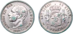 World Coins - Spain Kingdom 1882 *18-82 2 Pesetas - Alfonso XII Silver (.835) Madrid Mint 9.91g XF KM 678 Cal 46
