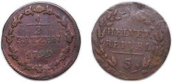 World Coins - Switzerland Helvetic Republic 1799 ½ Batzen / 5 Rappen Billon 2.3g VF HMZ 2 1190 Divo/Tob19 12 Hofer 30-35 KM A6