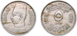 World Coins - Egypt 1938 (AH1357) 5 Milliemes - Farouk Copper-nickel (75% Copper, 25% Nickel) (7000000) 3.96g XF  KM 363 Schön 68 MHC 252