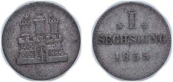 World Coins - Germany Free Hanseatic city of Hamburg 1855 1 Sechsling Billon (.250 silver) (1841000) 0.76g VF KM 585 AKS 28&29