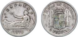 World Coins - Spain Provisional Government 1870 *18-70 SNM 2 Pesetas - Provisional Government Chopmarked "J.L." Silver (.835) Madrid Mint (1503872) 9.75g VF KM 654