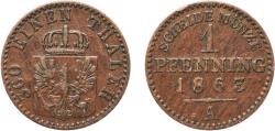 World Coins - Germany Kingdom of Prussia German states 1863 A 1 Pfenning - Wilhelm I Copper Berlin Mint 1.42g XF  AKS 108 Old/Mue 2 426, 429, 433 KM 480 Kahnt/Schön 84 Neum 19