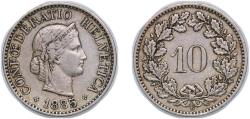 World Coins - Switzerland Federal State 1885 B 10 Rappen (Libertas; copper-nickel) Copper-nickel (75% copper, 25% nickel; non-magnetic) Bern Mint (3000000) 2.9g XF HMZ 2 1210 Divo/Tob19 314 KM