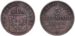 World Coins - Germany Kingdom of Prussia German states 1854 A 3 Pfennigs - Frederick William IV Copper 4.5g XF AKS 90 Old/Mue 2 335 Jaeg 9 Pr 52 KM 453 Neum 35 Schr 186-282
