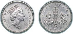 World Coins - Great Britain United Kingdom 1990 5 Pence - Elizabeth II (3rd portrait; small type) Copper-nickel (75% Cu, 25% Ni) Royal Mint (Tower Hill) (102606) 3.25g AU KM 937b Sp D4