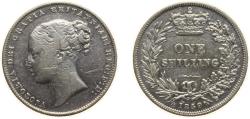 World Coins - Great Britain United Kingdom 1859 1 Shilling - Victoria (1st portrait; 'Young Head') Silver (.925) (4561900) 5.66g XF KM 734 Sp 3902-7