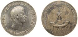 World Coins - Germany German Democratic Republic 1966 10 Mark (Karl Friedrich Schinkel) Silver (.800) Berlin Mint (50000) 17g UNC KM 15.1 Schön 17 J 1517 AKS 51