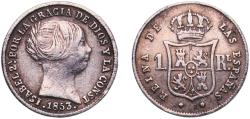 World Coins - Spain Kingdom 1853 1 Real - Isabel II Silver (.900) Seville Mint 1.2g VF  KM 598 Cal 397