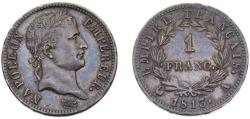 World Coins - France First Empire 1813 A 1 Franc - Napoleon I Silver (.900) Paris mint (445789) 5g AU F205 Gad447 KM692