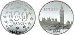 World Coins - France Fifth Republic 1994 100 Francs / 15 Euro Big Ben, London