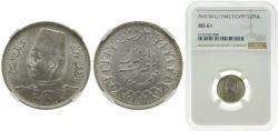 World Coins - Egypt Kingdom AH 1361 (1942) 2 Qirsh - Farouk Silver (.833) (Copper .166) Royal Mint (Tower Hill) 2.8g NGC MS 61 KM 365 Schön 70