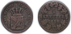 World Coins - Germany Kingdom of Bavaria German states 1858 1 Kreuzer - Maximilian II Billon (.166 silver) (2400000) 0.76g VF KM 858 AKS 156