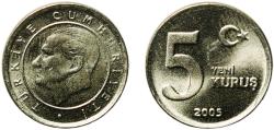 World Coins - Turkey Republic 2005 5 Yeni Kuruş Nickel brass (65% Copper, 18% Nickel, 17% Zinc) Turkish State Mint (203339160) 2.93g UNC  KM 1165 Schön 735