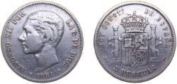 World Coins - Spain Kingdom 1881 *18-81 MSM 5 Pesetas - Alfonso XII (2nd portrait) Silver (.900) Madrid Mint (699000) 25g VF KM 676 Cal 28