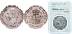 World Coins - Spain Kingdom 1885 *18-87 MPM 5 Pesetas - Alfonso XII (3rd portrait) Silver (.900) Madrid Mint 25g NGC XF 45 KM 688 Cal 34