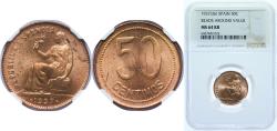 World Coins - Spain Second Republic 1937 50 Centimos - II Republic Brass (90% copper, 10% zinc) Royal Mint of Spain (1000000) 5.9g NGC MS 64 KM 754 Cal 3 Schön 20