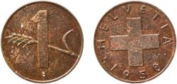 World Coins - Switzerland Federal State 1958 B 1 Rappen (wheat spike) Bronze (95% copper, 4% tin, 1% zinc) Bern Mint (20142000) 1.52g AU  HMZ 2 1216 Divo/Tob19 328 KM 46 Schön 41 Y 54