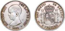 World Coins - Spain Kingdom 1888 *18-88 MPM 5 Pesetas - Alfonso XIII (1st portrait) Silver (.900) Madrid Mint (10643900) 24.95g XF  KM 689