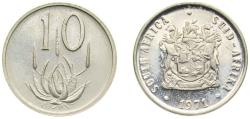 World Coins - South Africa Republic 1971 10 Cents (SOUTH AFRICA - SUID-AFRIKA) Nickel Pretoria Mint (12000) 4g PF KM 85 Schön 124