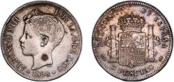 World Coins - Spain Kingdom 1898 *18-?? MSM 5 Pesetas - Alfonso XIII (Sevillian counterfeit in silver) Silver (.900) Madrid Mint 25g XF KM 707