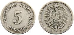 World Coins - Germany Second Empire Kingdom of Prussia Wilhelm I 1889 G 5 Pfennig large shield