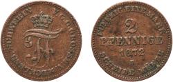 World Coins - Germany Grand duchy of Mecklenburg-Schwerin Second Empire 1872 2 Pfennige - Frederick Francis II Copper Dresden Mint (1155100) 2.96g XF  AKS 49 Kunzel 415 Jaeg 4 MRWS 61 J M2 KM 3