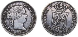 World Coins - Spain Kingdom 1868 *18-68 40 Centimos de Escudo - Isabel II Silver (.810) Madrid Mint 5.2g VF KM 628.2
