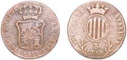 World Coins - Spain Principality of Catalonia Spanish states 1837 3 Cuartos (3 CUAR) Copper 6.4g VF Cal 703 KM 126