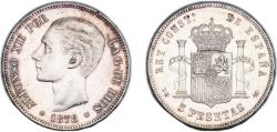 World Coins - Spain Kingdom 1878 *18-78 DEM 5 Pesetas - Alfonso XII (2nd portrait) Silver (.900) (5000000) 25g AU KM 676 Cal 28