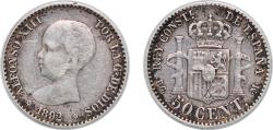 World Coins - Spain Kingdom 1892 *9-2 PGM 50 Centimos - Alfonso XIII (1st portrait) Silver (.835) Madrid Mint (3953540) 2.49g VF  KM 690