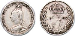 World Coins - Great Britain United Kingdom 1892 3 Pence - Victoria (2nd portrait; incl. Maundy) Silver (.925) Royal Mint (Tower Hill) (2578200) 1.36g VF KM 758 Sp 3931 Sp 3934