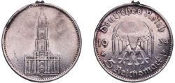 World Coins - Germany Third Reich 1934 D 5 Reichsmark (Potsdam Garrison Church) Silver (.900) Munich Mint (562400) 13.8g VF Mount Removed  KM 82 AKS 70 J 356 Schön 82